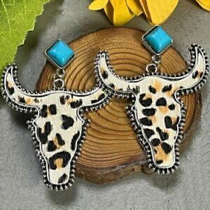 White Leopard  Silver Plated Faux Hair Cow Print Diamond Turquoise Earrings